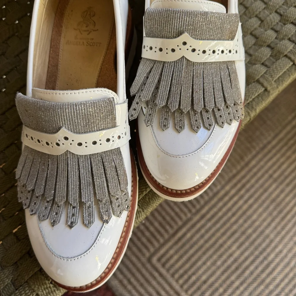The Office of Angela Scott Mr. Pennywise White Metallic Fringe Wedge Loafer - Picture 3 of 8